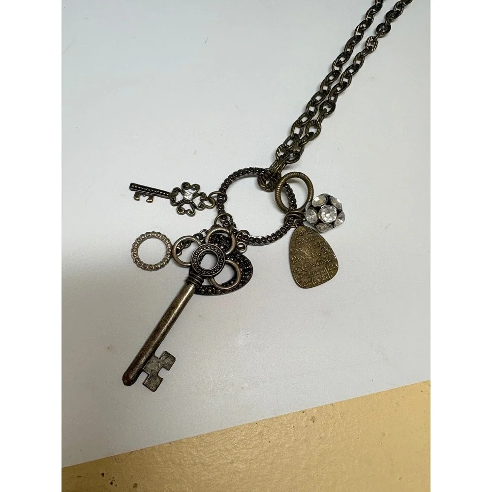 Antique Brass Skeleton Key Cluster Necklace Crystal Heart Freedom Charm Long